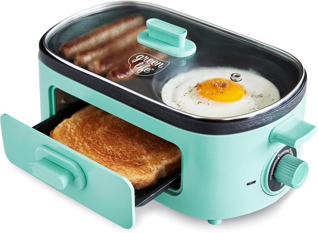 3-in-1 Breakfast Maker Station, Healthy Ceramic Nonstick Dual Griddles for Eggs Meat Sausage Bacon Pancakes and Breakfast Sandwiches, 2 Slice Toast Drawer, Easy-to-use Timer, Turquoise