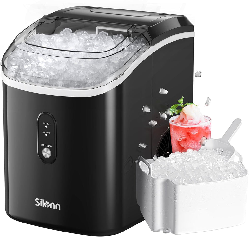 Nugget Ice Maker Countertop, Silonn Chewable Pellet Ice Machine with Self-Cleanin Function, Portable Ice Makers for Home Kitchen Officce, Black