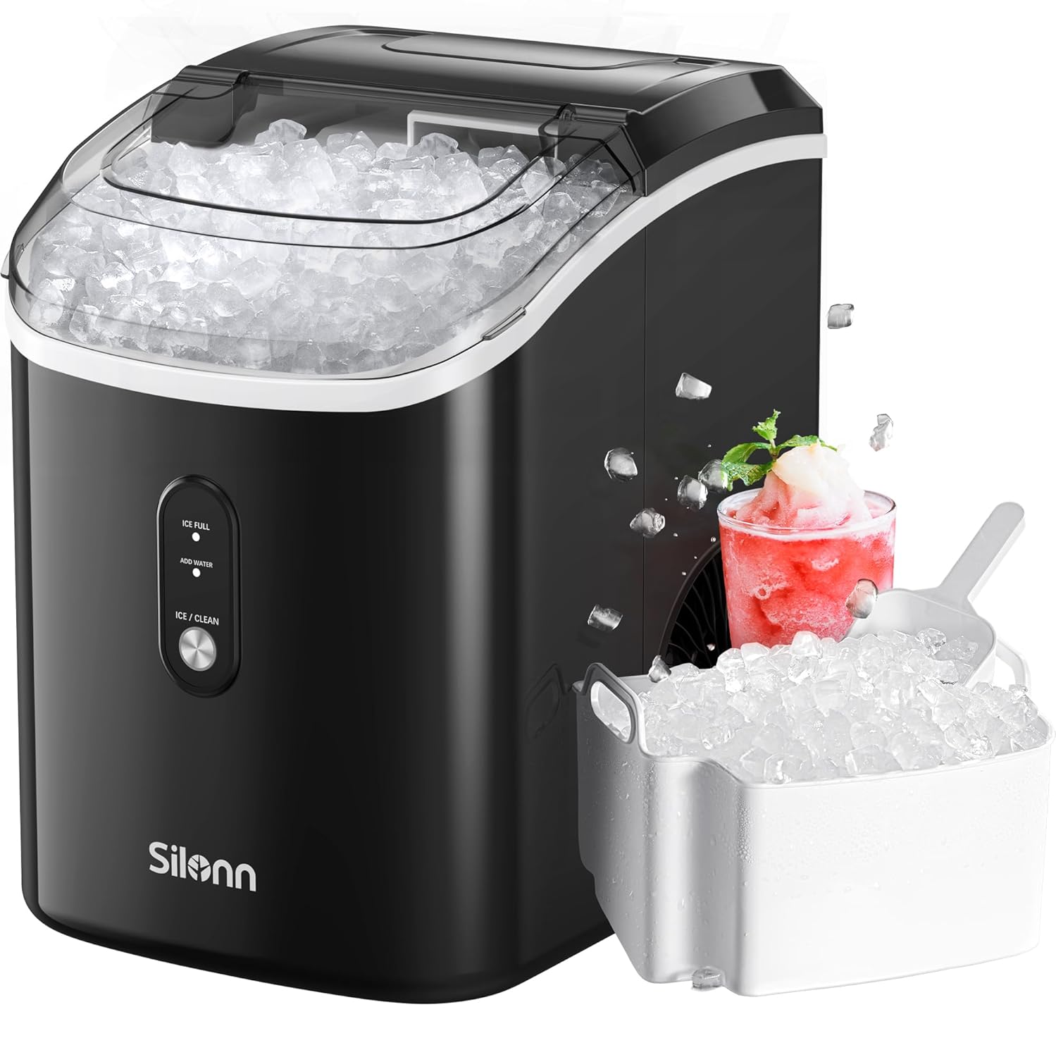 Nugget Ice Maker Countertop, Silonn Chewable Pellet Ice Machine with Self-Cleanin Function, Portable Ice Makers for Home Kitchen Officce, Black