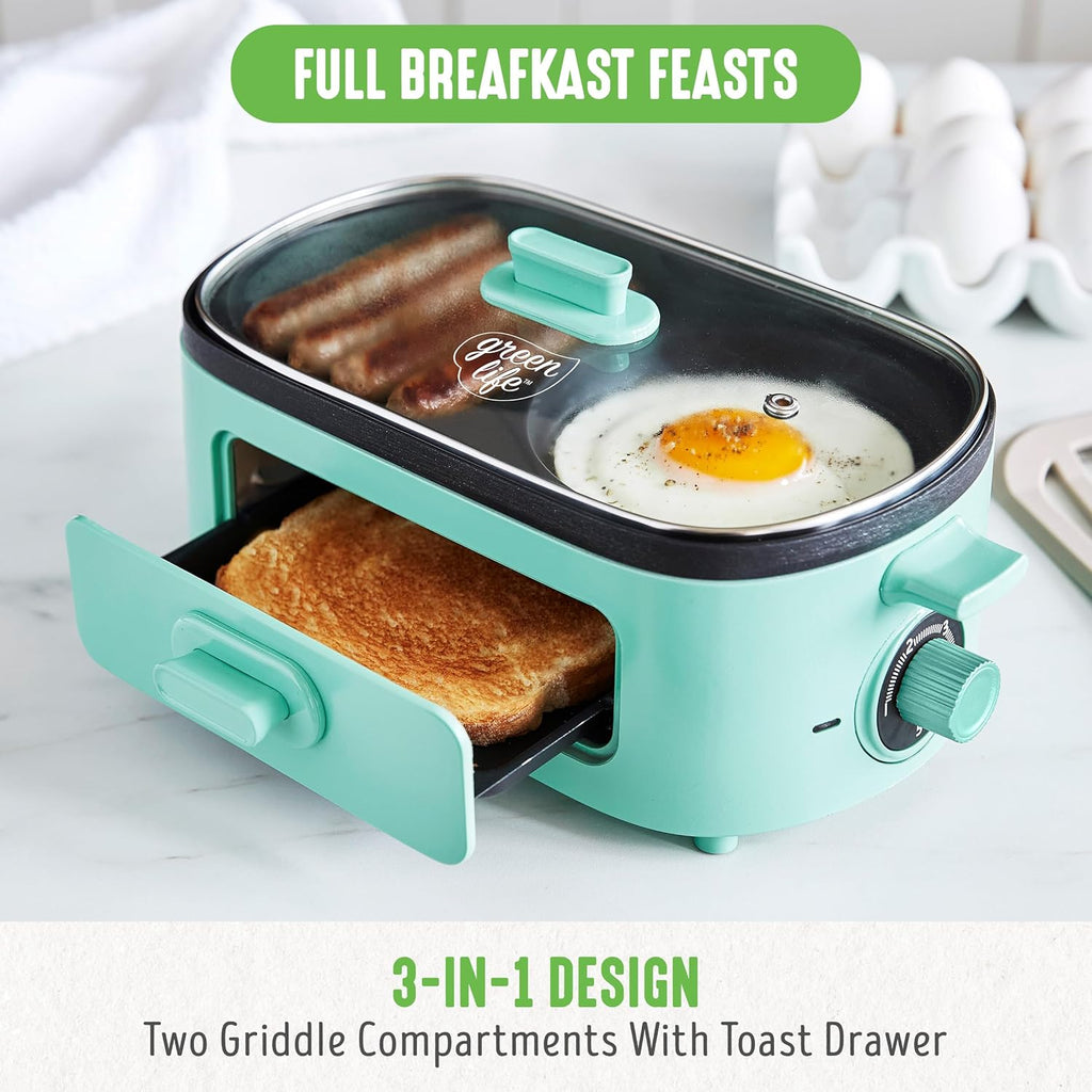 3-in-1 Breakfast Maker Station, Healthy Ceramic Nonstick Dual Griddles for Eggs Meat Sausage Bacon Pancakes and Breakfast Sandwiches, 2 Slice Toast Drawer, Easy-to-use Timer, Turquoise