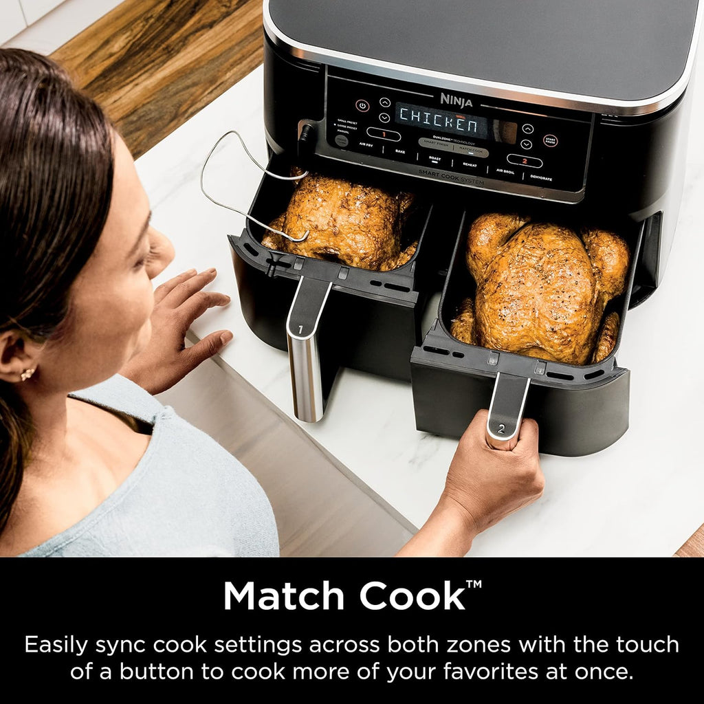 DualZone Smart XL Air Fryer with 2 Independent Baskets, Smart Cook Thermometer for Perfect Doneness, Match Cook & Smart Finish to Roast, Dehydrate & More, Grey