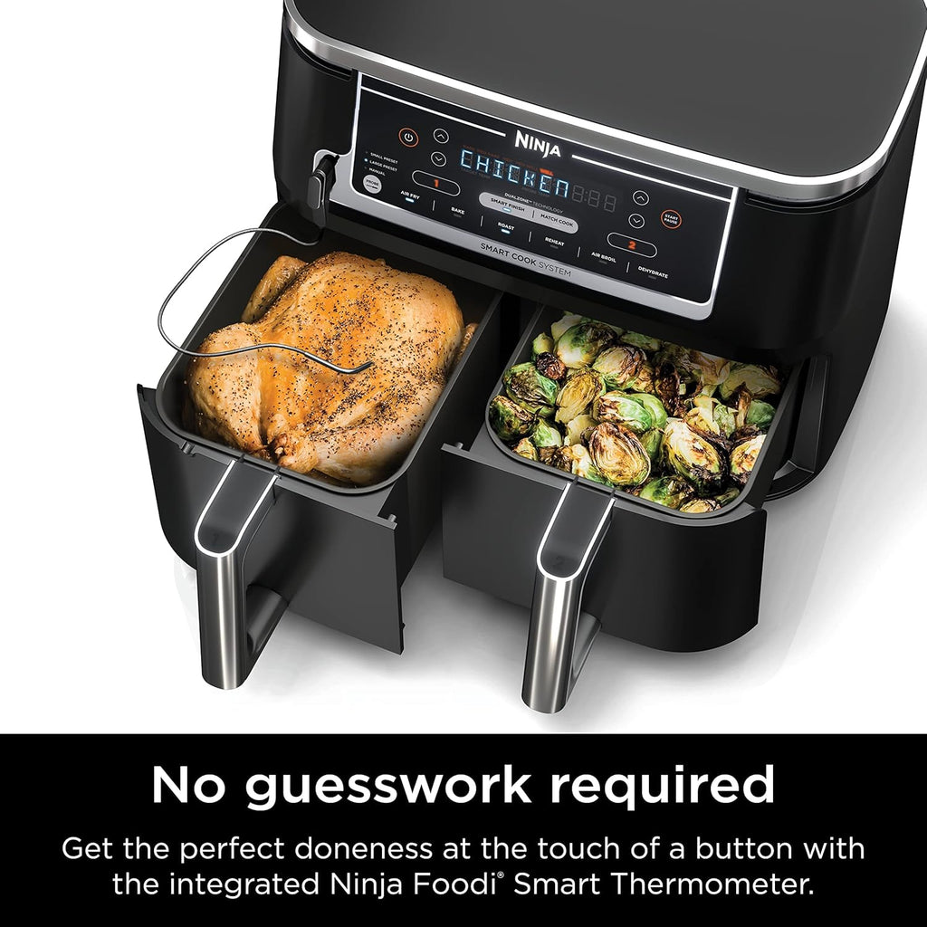 DualZone Smart XL Air Fryer with 2 Independent Baskets, Smart Cook Thermometer for Perfect Doneness, Match Cook & Smart Finish to Roast, Dehydrate & More, Grey