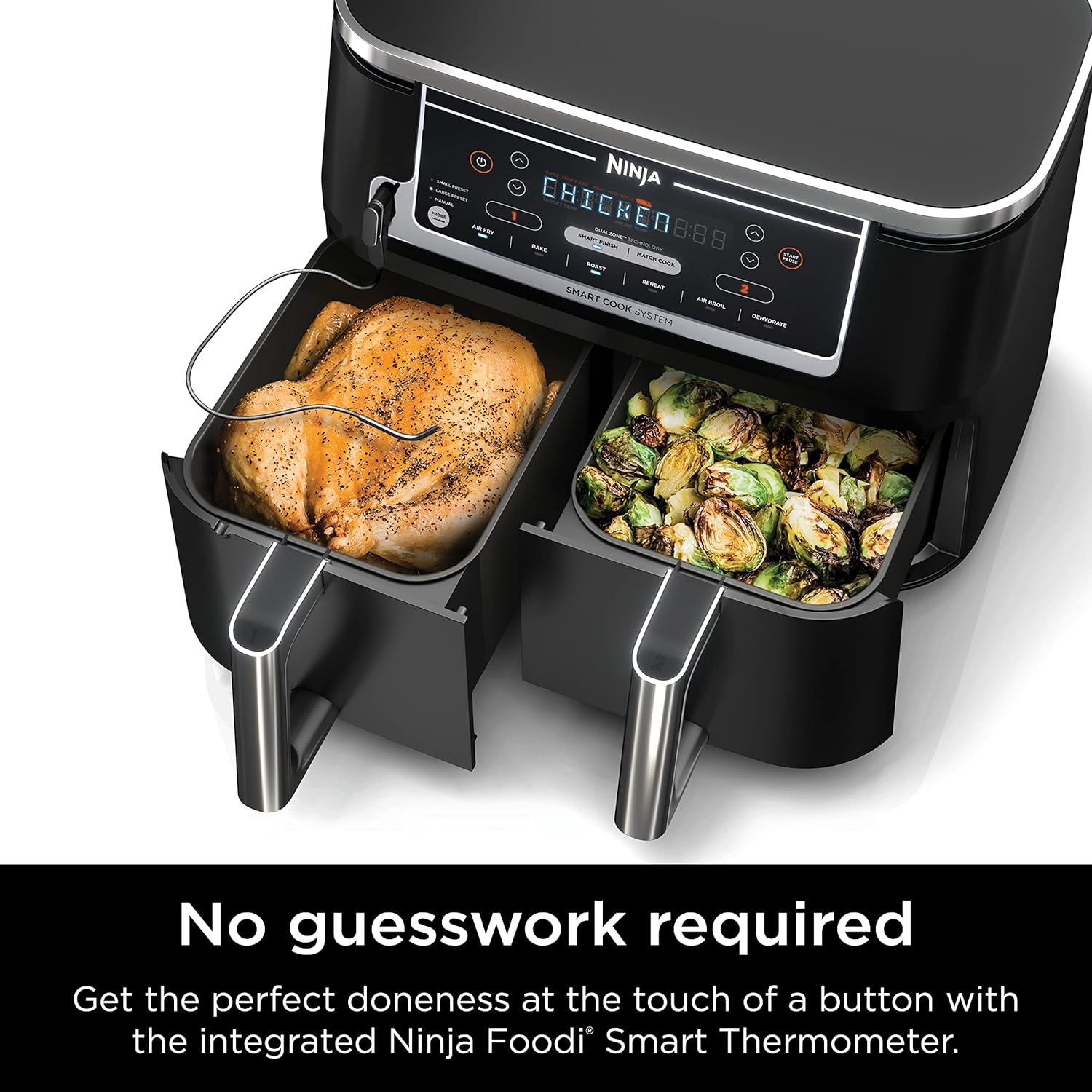 DualZone Smart XL Air Fryer with 2 Independent Baskets, Smart Cook Thermometer for Perfect Doneness, Match Cook & Smart Finish to Roast, Dehydrate & More, Grey