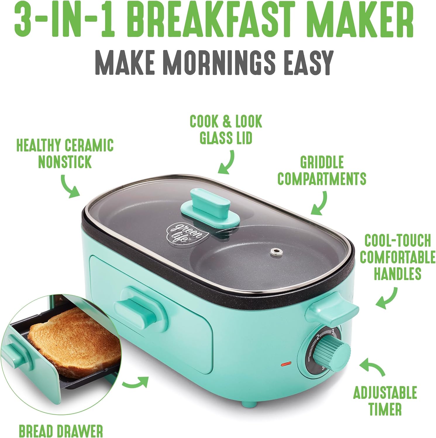 3-in-1 Breakfast Maker Station, Healthy Ceramic Nonstick Dual Griddles for Eggs Meat Sausage Bacon Pancakes and Breakfast Sandwiches, 2 Slice Toast Drawer, Easy-to-use Timer, Turquoise