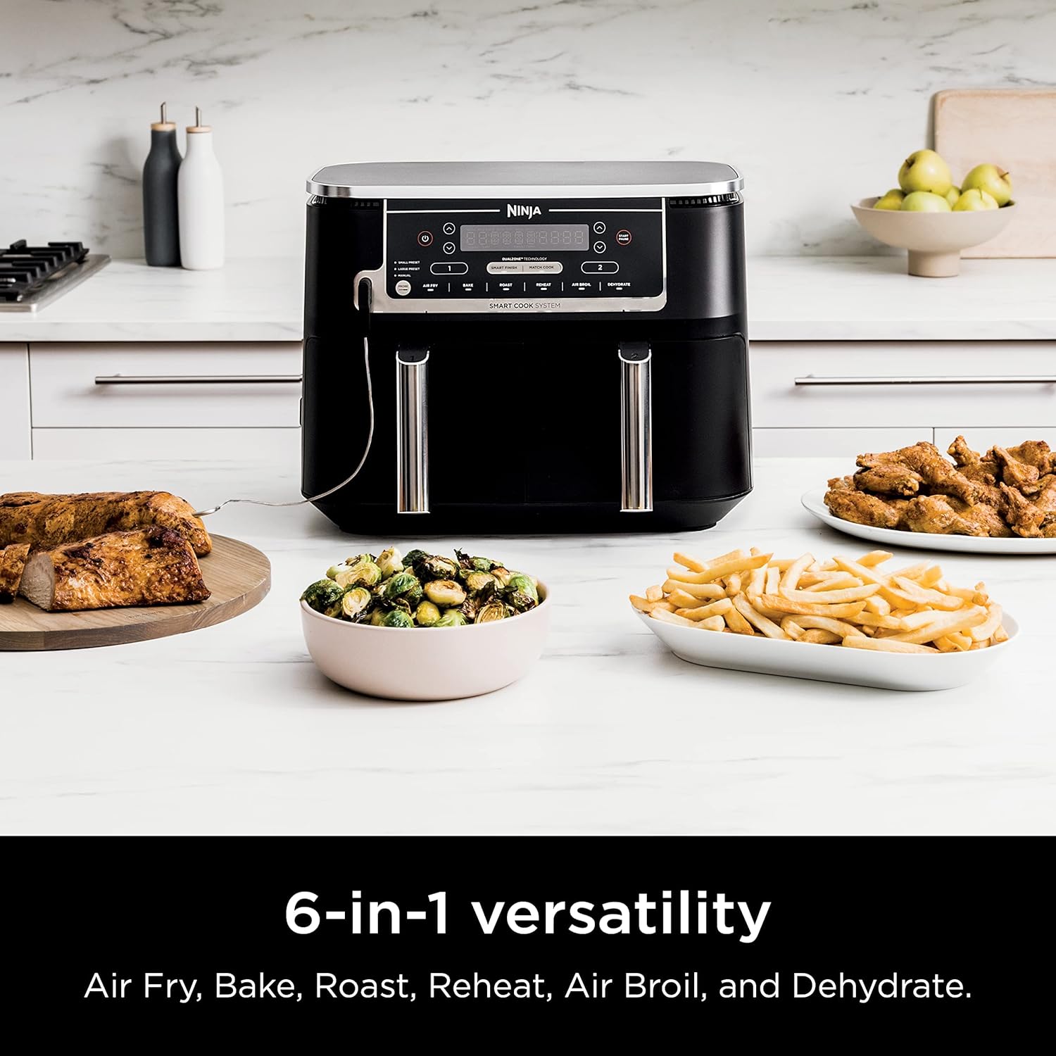 DualZone Smart XL Air Fryer with 2 Independent Baskets, Smart Cook Thermometer for Perfect Doneness, Match Cook & Smart Finish to Roast, Dehydrate & More, Grey