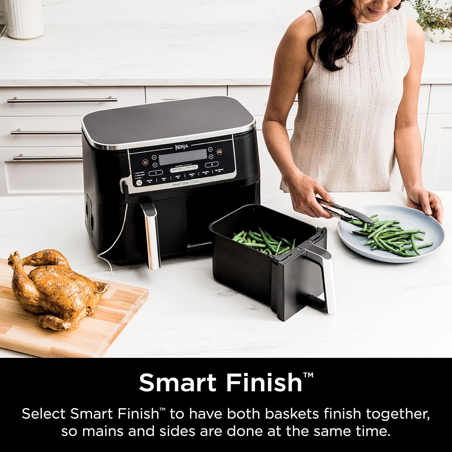 DualZone Smart XL Air Fryer with 2 Independent Baskets, Smart Cook Thermometer for Perfect Doneness, Match Cook & Smart Finish to Roast, Dehydrate & More, Grey